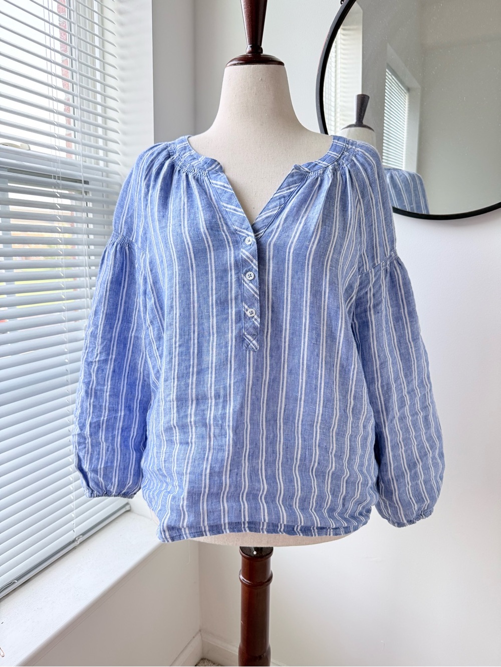 Talbots Light Blue and White Striped Linen Peasant Top